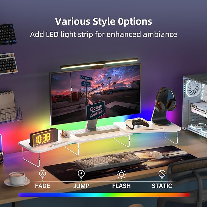 LED Dual Monitor Stand Riser for 2 Monitors,Office Desktop Wooden Stand Adjustable Length and Angle 3 Shelf,Extra Long Multifunctional Stand up to 39.3" for Computer,Laptop,TV,White