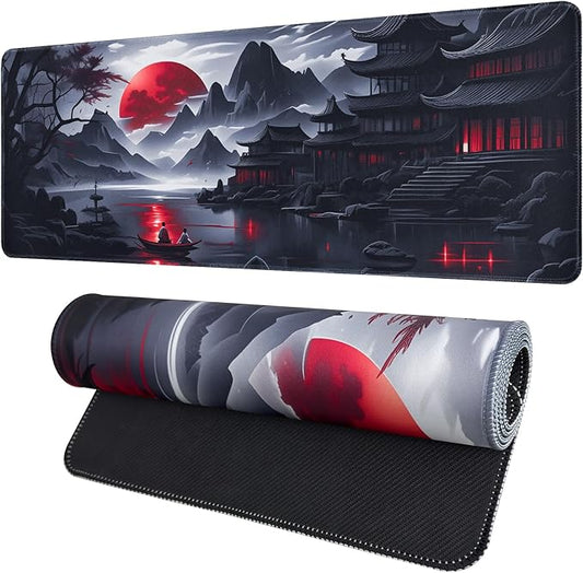 Large Gaming Mouse Pad, Anime Black Mousepad with Stitched Edges, Expanded Cool Desk Mat, Japanese Red Moon XL Keyboard Mat Suitable for Home Office,31.5 X 15.7 Inch
