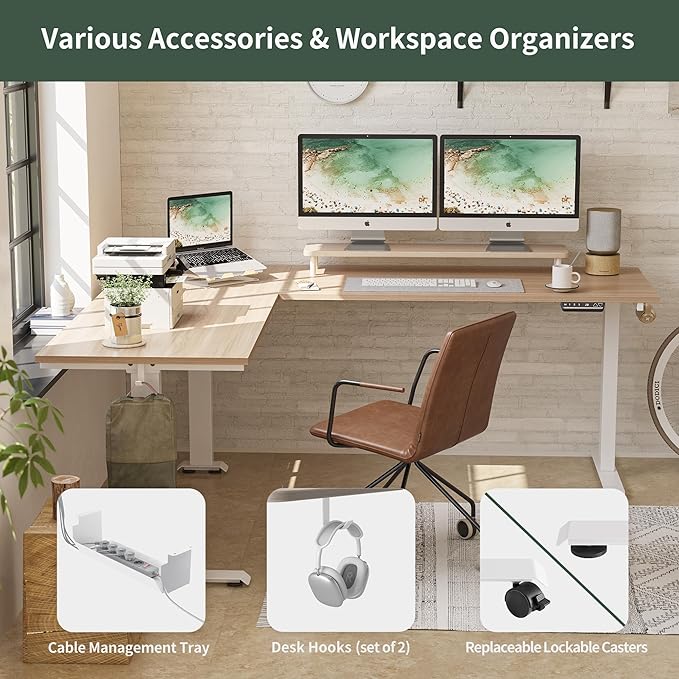 FEZIBO Triple Motor L-Shaped Electric Standing Desk, Height Adjustable Stand up Corner Desk, 63 Inches Sit Stand Workstation with Splice Board, White Frame/Light Walnut Top