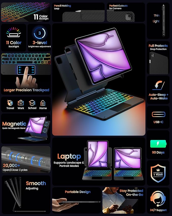 typecase Edge+ Keyboard Case for iPad Air 13"(M4/M3/M2, 2026/2025/2024) & iPad Pro 12.9"(3/4/5/6th Gen),Ultra-Slim Detachable Case,Portrait &Typing Modes,11-Color Backlight,Magnetic Stand,Carbon Fiber
