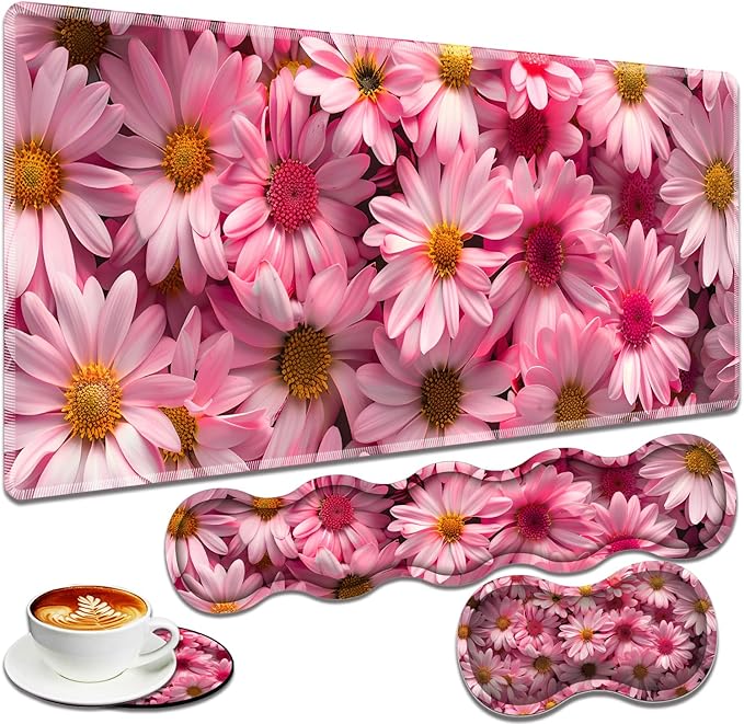 Large Gaming Mouse Pad + Keyboard Wrist Rest + Wrist Support + Coaster Set, Memory Foam Ergonomic for Easy Typing, XXL Extended Gaming Mouse Pad Table Pad - Pink Daisy