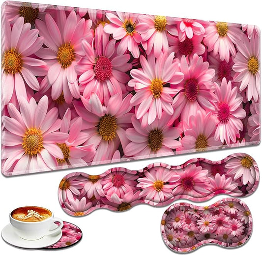Large Gaming Mouse Pad + Keyboard Wrist Rest + Wrist Support + Coaster Set, Memory Foam Ergonomic for Easy Typing, XXL Extended Gaming Mouse Pad Table Pad - Pink Daisy