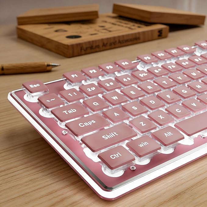 EWEADN GX710S Backlit Computer Keyboards, Wired USB Keyboard with White Backlit, Metal Panel, Plug and Play, Pudding Keycaps Full Size Quite Computer Keyboard for Win/PC/Laptop-Pink