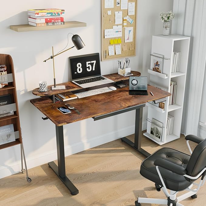 Standing Desk with Drawers and Cup Holder, Stand Up Adjustable Standing Desk, 48x24 Inch Electric Sit Stand Computer Desk with Splice Board for Home Office