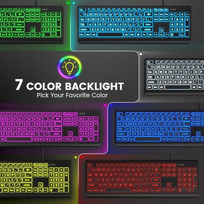SABLUTE Large Print Backlit Keyboard, Wired USB Lighted Computer Keyboards with 7-Color & 4 Modes Backlit, Oversize Letters Keys Easy to See and Type, Keyboard Compatible for PC, Laptop