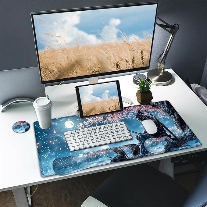 Large Mouse pad and Keyboard Support Set, Ergonomic Memory Foam Keyboard Wrist Rest, Extended Gaming Mouse Pad with Stitched Edges, Samurai and Moon XXL Desk Mat (31.5 X 11.8 in)