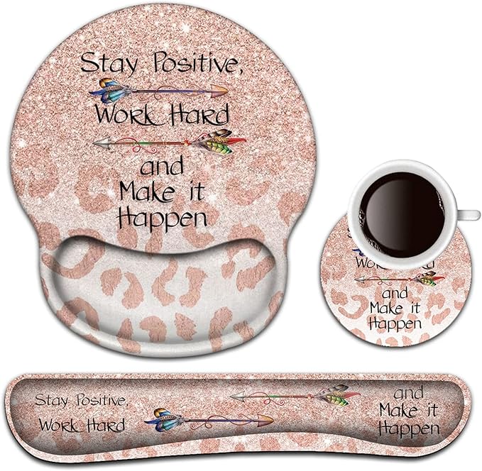 Keyboard Wrist Rest and Mouse Pad with Wrist Support, Ergonomic Gel Mouse Pad Coaster Easy Typing Pain Relief,Memory Foam Keyboard Mousepad Set,Stay Positive Work Hard and Make It Happen Leopard