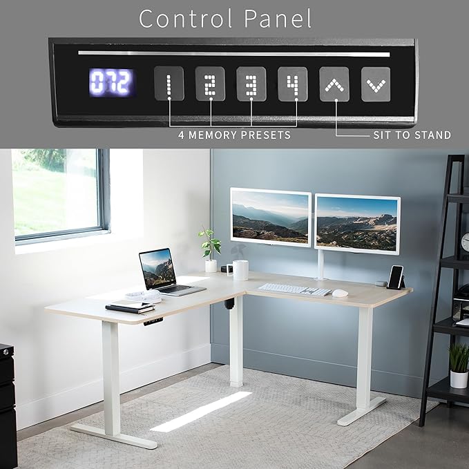 VIVO Corner Standing Desk, 63 x 55 inch Reversible L-Shaped Workstation, Electric Height Adjustment, Home, Office, and Reception Rooms, Light Wood Table Top White Frame, DESK-E3CTC