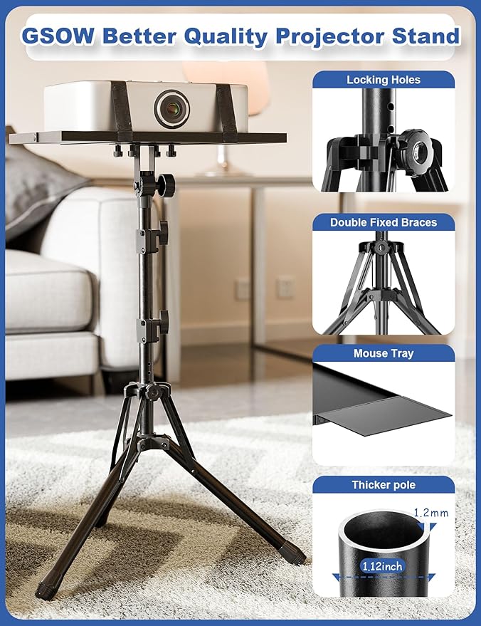 Projector Stand, Adjustable Height 26 to 56 Inch Laptop Tripod, Laptop Stand with Mouse Tray, Foldable Tripod for Projector with Carry Bag, Portable Podium Stand for Office, Home, Stage, DJ