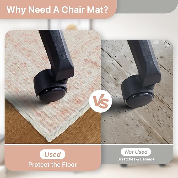 36"x48" Office Chair Mat for Hardwood Tile Floor, Under Desk Carpet Protector for Rolling Computer Chair Mat, Machine Washable Area Rug, Anti-Slip 1/5" Thick Low Pile Thin Vinyl Floor Mat, Light Pink