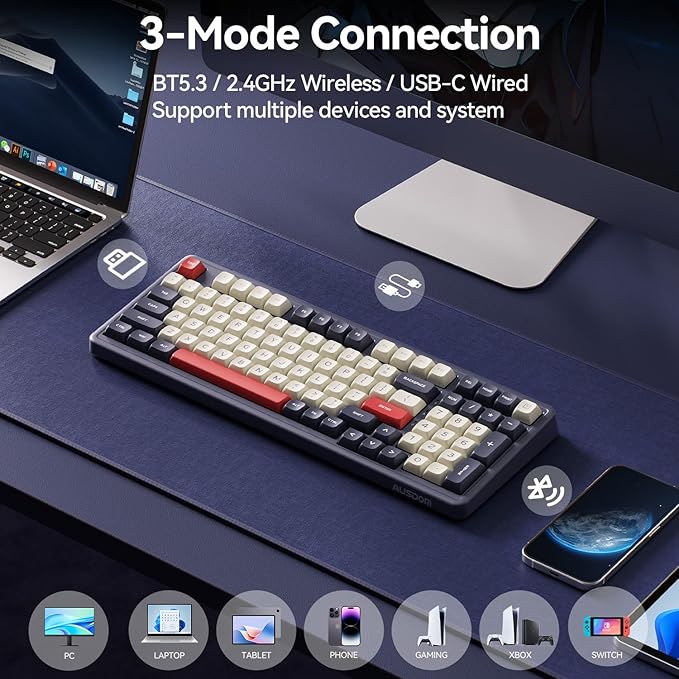 AUSDOM Wireless Bluetooth Mechanical Keyboard, BT5.3/Type-C/2.4G Tri-Mode Hot swappable Custom Gaming Keyboards, Gasket, RGB, Numpad, Blue Computer Keyboard for Mac/Win/Office, 98 Keys(Click Sound)