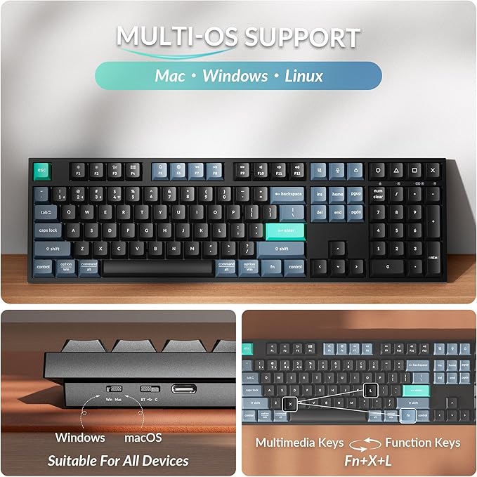 Keychron B36 2.4 GHz Wireless Bluetooth Keyboard Silent Typing 100% Full-Size Layout Launcher Support with Numeric Keypad Ergonomic Angle Compatible for Mac Windows Linux