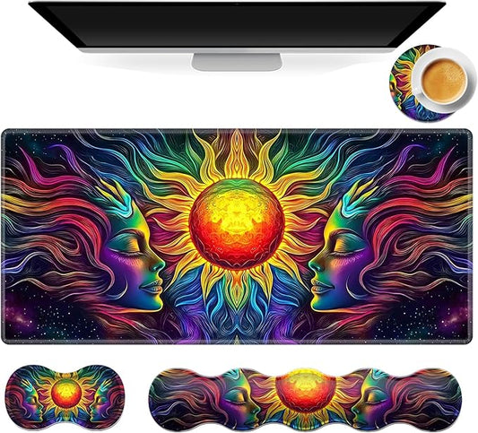 Gaming Mouse Pad Set, Colorful Sun Woman Large Desk Mat Mousepad, Keyboard Wrist Support, Mouse Wrist Rest, Coaster 4in1 Ergonomic Memory Foam, Non-Slip Stitched Edge for Home Office