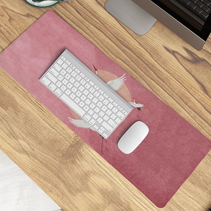 Retro Chinese Style Mouse Pad,Vintage Japanese Style Desk Pad,XL Large China Red Crowned Crane Laptop Desk Mat,Girly Pink Gaming Computer Pads,Girly Desk Mat For Home Office Dorm,31.5x11.8Inch
