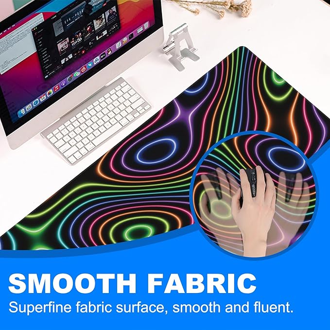 Desk Mat, Colorful Neon Topographic Contour Map Extended Gaming Mouse Pad Large, 31.5"x11.8" Big Mouse Pad with Non-Slip Base and Stitched Edge, Long Computer Keyboard Mouse Mat for Home Office Work