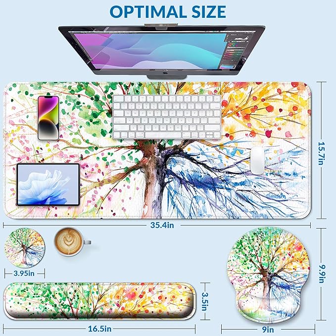 Desk Mat Set + Keyboard and Mouse Pad with Wrist Rest Support,4-in-1 Large Mousepad Computer Mats for Desktop Home & Office-Watercolor Tree