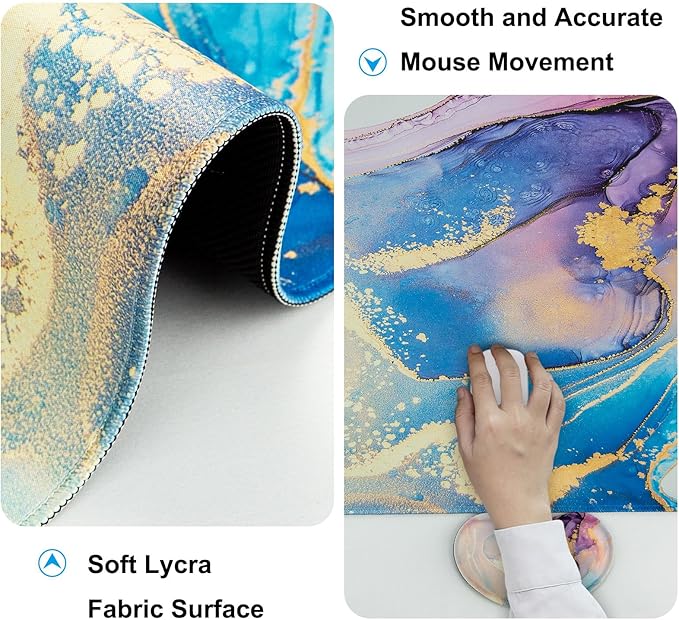 Keyboard Wrist Rest + Mouse Pad with Wrist Support + Desk Mat + Coaster 4 in 1 Set, XXL Large Gaming Mousepad Cute Ergonomic Mouse Pads for Desk Computer Laptop Office Decor-Blue Marble