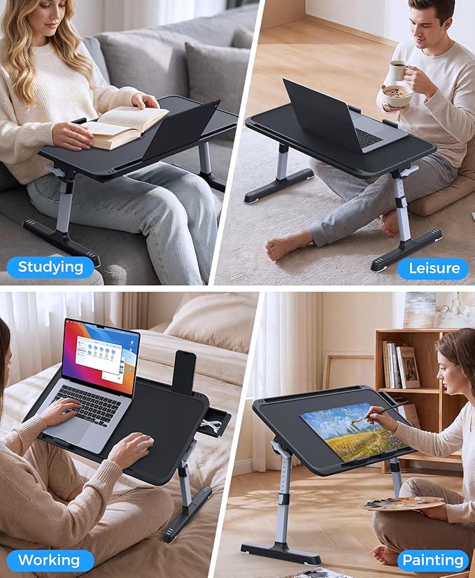Laptop Bed Tray Table, Adjustable Sturdy Laptop Stand for Bed with Premium Materials, Folding Portable Lap Desk with Drawer for Writing Working Reading Eating Couch Floor (Black, 22.04"×12.2")