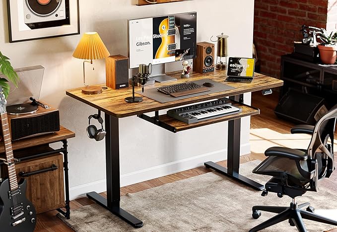 BANTI 48" x 24" Height Adjustable Electric Standing Desk with Keyboard Tray, Sit Stand up Desk with Splice Board, Black Frame/Rustic Brown Top
