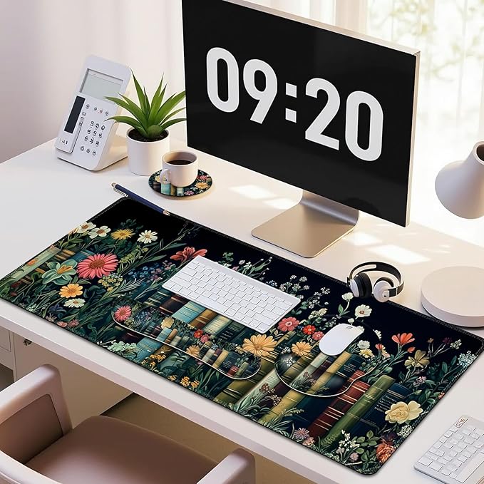 Wildflowers Mouse Pad, Large Desk Mat Extended Nature Botanical Aesthetic Deskpad, 4 PCS Non-Slip Rubber Base Computer Mouse Pads for Work, Game, Office, Home Decor Gifts I Floral Plants Books