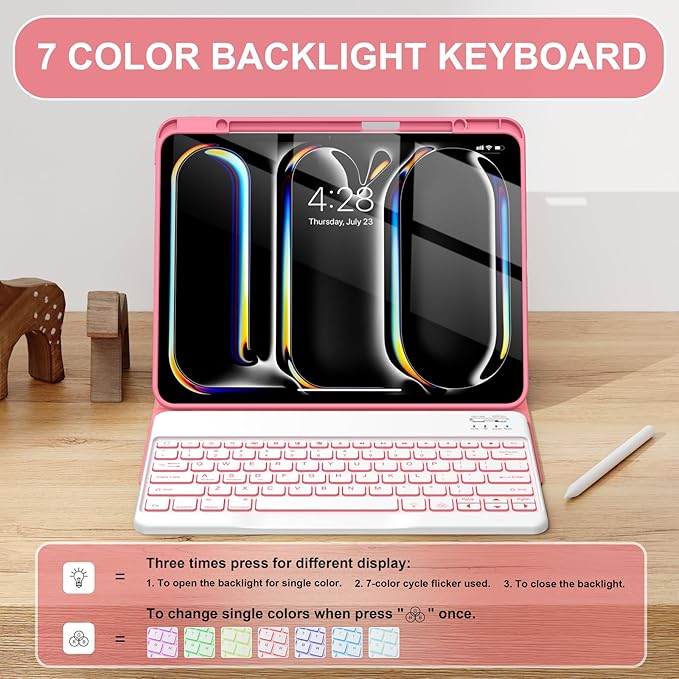 Soke Keyboard Case for iPad Pro 13 Inch (M5 2025/M4 2024), 7-Color Backlit Detachable Bluetooth Keyboard, Folio Stand TPU Back Cover with Pencil Holder for iPad Pro 13", Red Marble