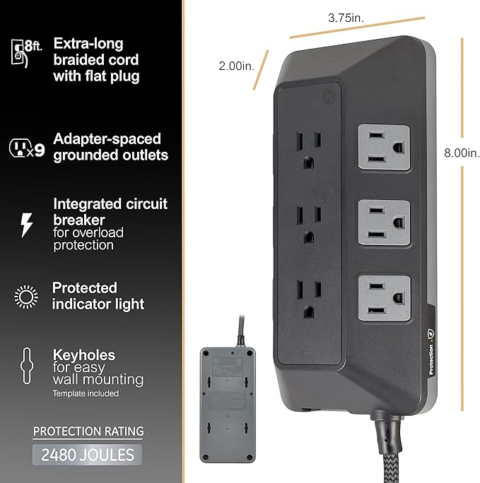 GE UltraPro 9-Outlet Surge Protector, 8', Black