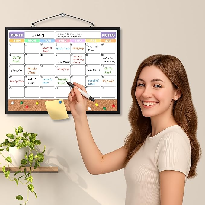 Monthly Calendar Dry Erase Board 16x12 Inch, Double-Sided Whiteboard and Corkboard Combo with Black Aluminum Frame (Color Calendar), Wall Mounted Organizer with Markers, Magnets, Push Pins, Eraser