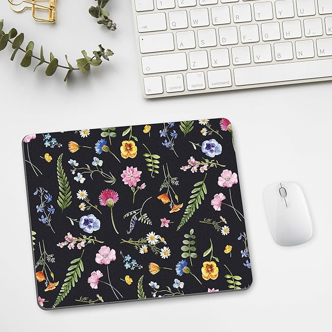 Floral Mouse Pad Mousepad Flower Black Cute Pretty Aesthetic Desk Mat Daisy Plant Botanical Leaf Square Women Laptop Computer Gaming Office Small Portable Non-Slip Wireless Washable Accessories