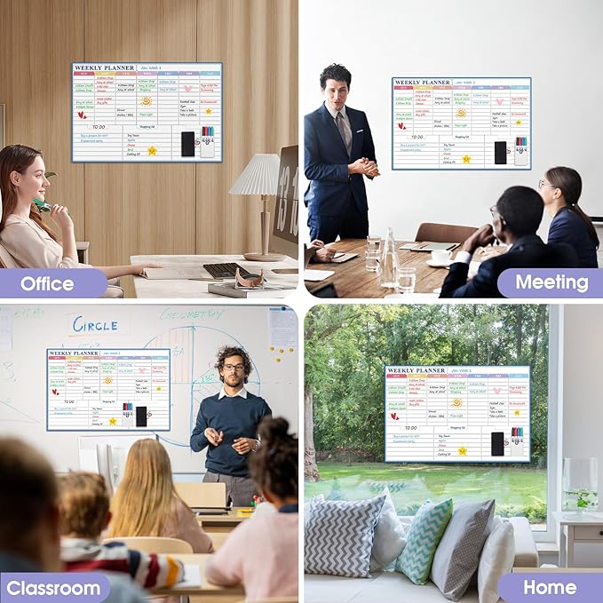 MaxGear Weekly Dry Erase Calendar for Wall, Self-Adhesive Wall Calendar White Board with 4 Dry Erase Markers, 1 Eraser, 4 Magnets, 1 Marker Holder for Office Home School