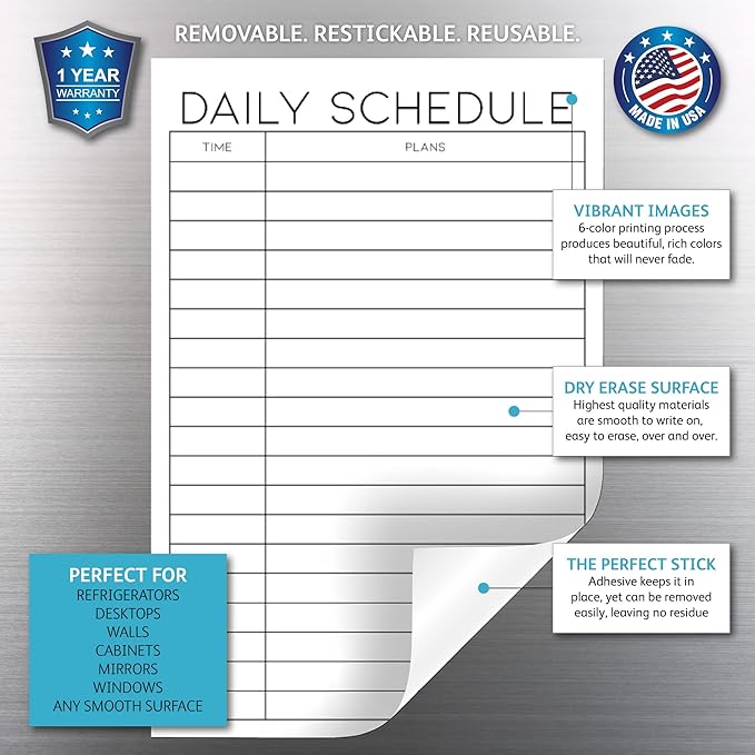 Dry Erase Daily Schedule Planner Sticker Decal by Glassboard Studio | Removable & Reusable | Magnetic Fine-Tip Marker Included (6 x 9 inches, White)