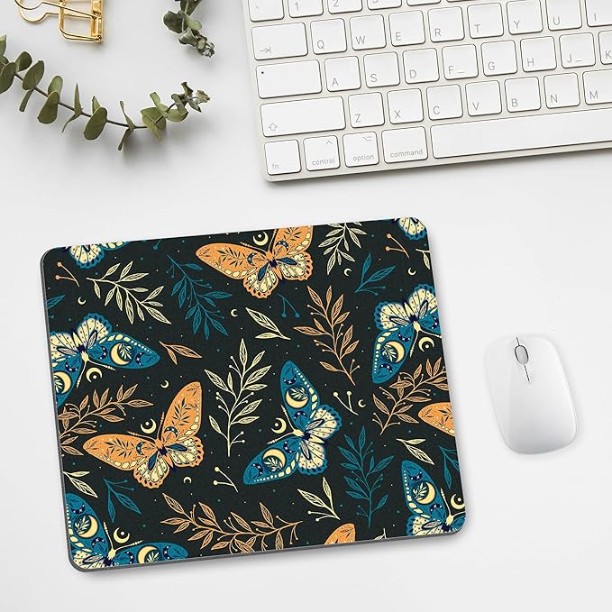 Bohemian Butterfly Mouse Pad Cute, Black Boho Moth Luna Moon Square Computer Mousepads Washable Nature Leaf Floral Mouse Mat Non-Slip Rubber Base for Gaming Office Laptop Wireless Mouse Desk Accessory