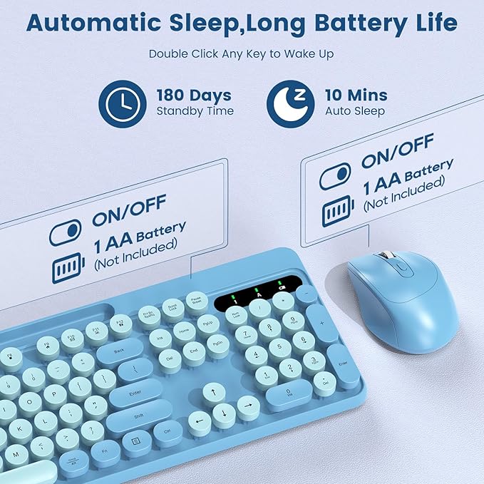 Wireless Keyboard and Mouse Combo, Retro Round Keycaps, Full-Size Stylish Typewriter Keyboard with Phone/Tablet Holder, Ergonomic Mouse with 3-Level DPI, 2.4GHz Connection for Windows/PC (Sky Blue)