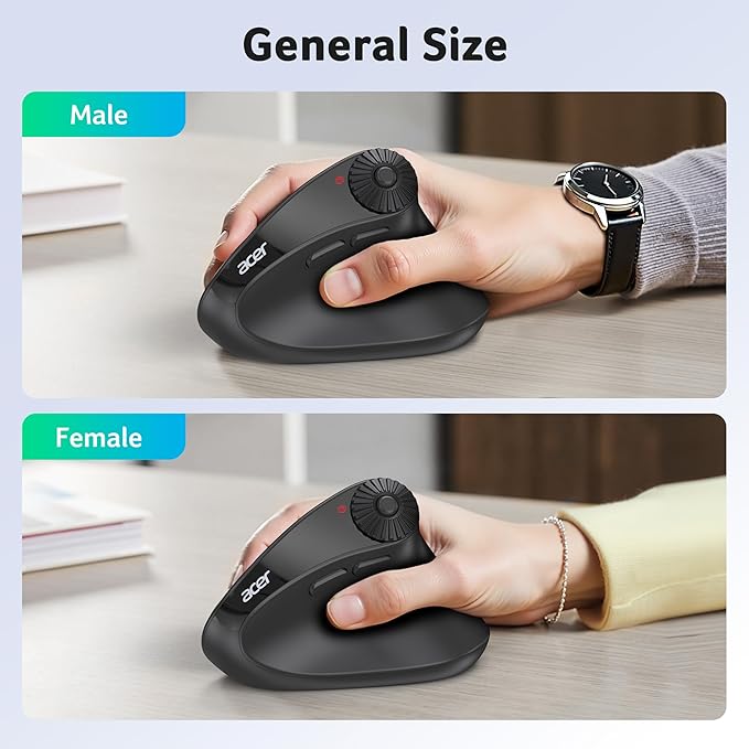 acer Ergonomic Mouse Wireless with Side Scroll Wheel, Bluetooth Mouse for Laptop(BT5.2+2.4GHz), Office Vertical Computer Mice, Small to Medium Sized Hands Ergo Mice, 8 Buttons for PC and Desktop