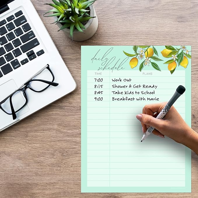 Dry Erase Daily Schedule Planner Sticker Decal by Glassboard Studio | Removable & Reusable | Magnetic Fine-Tip Marker Included (9 x 12 inches, Vintage Lemon)