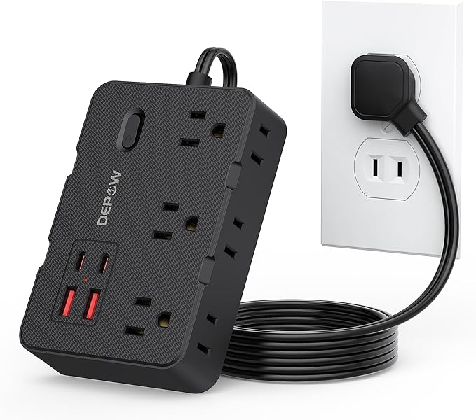 2 Prong to 3 Prong Adapter Power Strip, 5FT Black Extension Cord with 6 Outlets & 4 USB Ports (2 USB-C), 1050J Two Prong Surge Protector, Wall Mount - Ideal for Old Houses