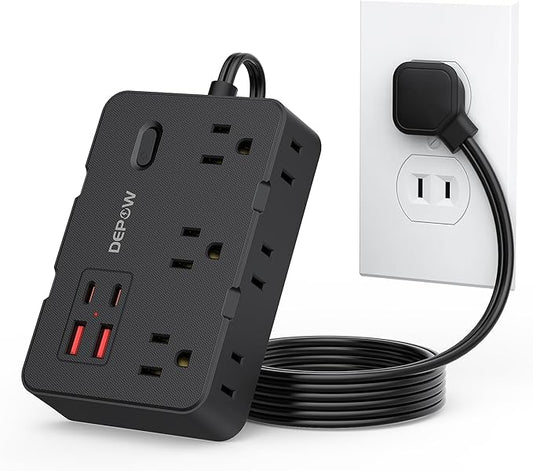 2 Prong to 3 Prong Adapter Power Strip, 5FT Black Extension Cord with 6 Outlets & 4 USB Ports (2 USB-C), 1050J Two Prong Surge Protector, Wall Mount - Ideal for Old Houses