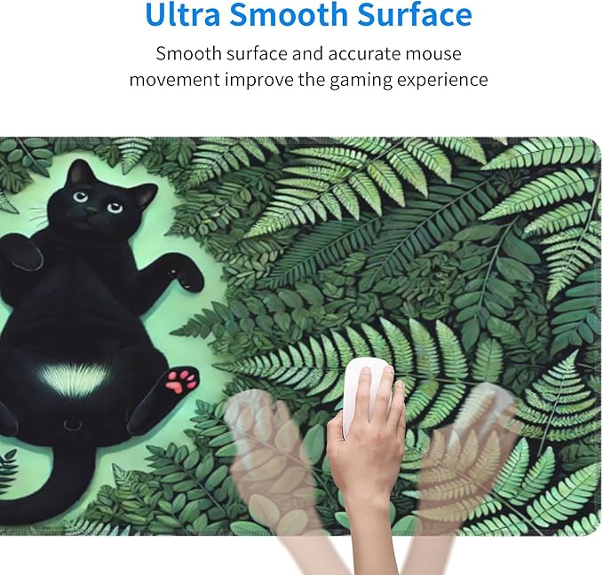 Green Plant Cat Desk Mat Large Gaming Mouse Pad Green Plant Cat Extended Mousepad Big in Laptop Computer Mouse Keyboard Mat for Office Desk Decor 31.5x12 in