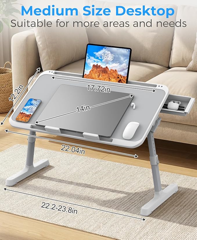 Laptop Bed Table, Height & Angle Adjustable Laptop Desk for Bed with Premium Materials, Super Sturdy Foldable Laptop Bed Tray Table with Drawer for Bed Couch Floor (Gray, 22.04"×12.2")