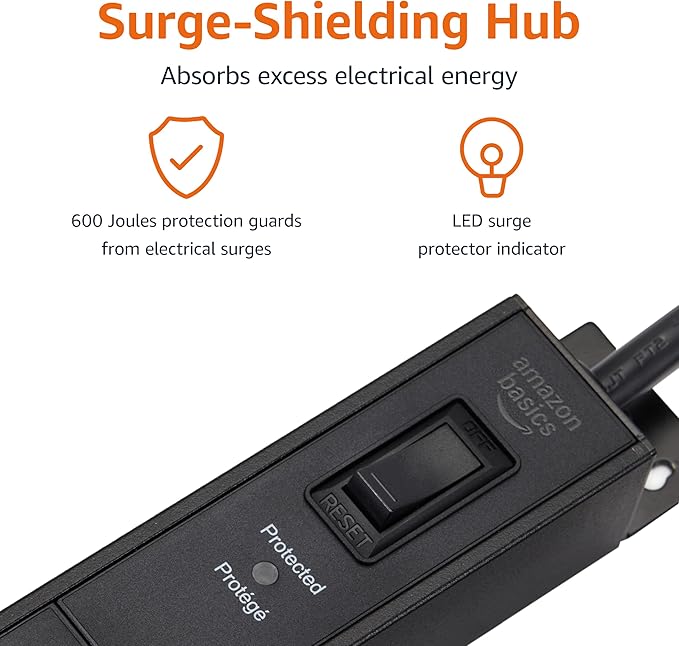 Amazon Basics Surge Protector Power Strip, 16-Outlet, Heavy Duty, Metal, 600 Joules, 6ft Extension Cord, Wide Spaced, Mountable, Black
