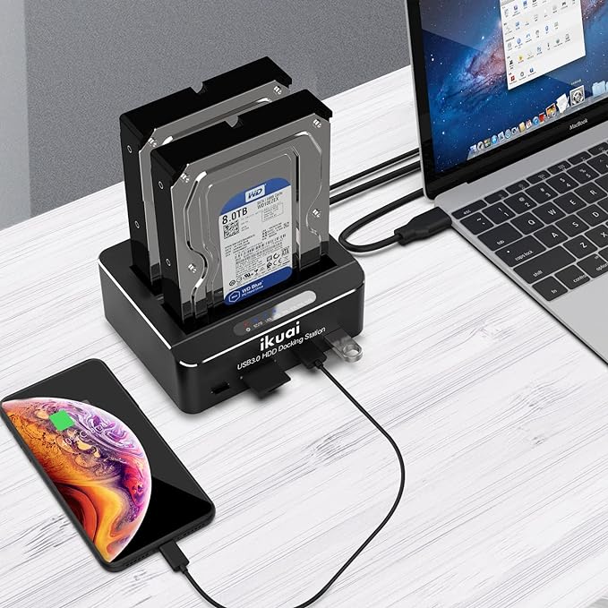 SATA to USB 3.0 Dual Bay Hard Drive Dock for 2.5"/3.5" SATA HDD SSD with Micro SD Card Reader 2 USB 3.0 Port, Offline Clone Function External Hard Drive Docking Station, 2X20TB and UASP Support