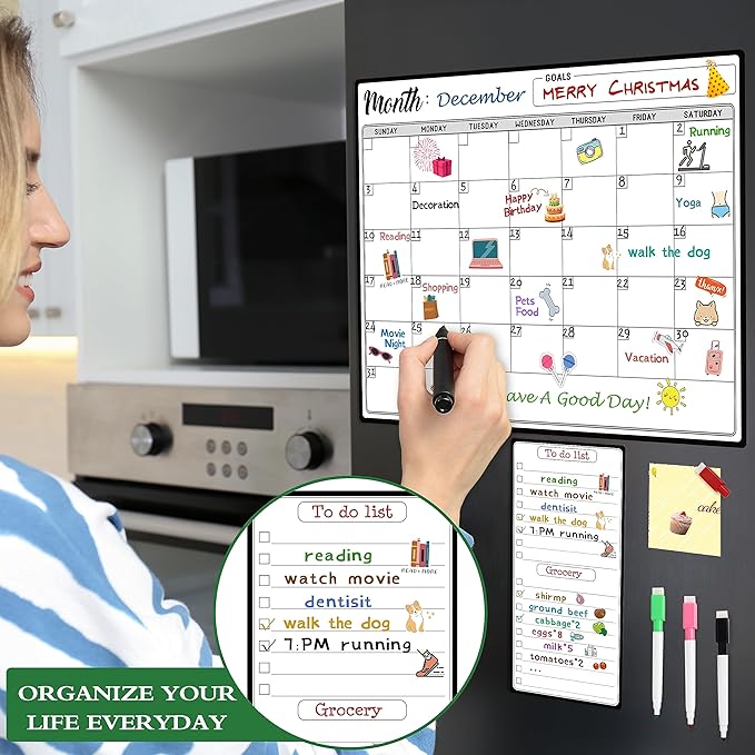 Magnetic Dry Erase Refrigerator Calendar with Markers - 15" x 11" Monthly Fridge Calendar and Today List, Fridge Whiteboard with Back Magnet