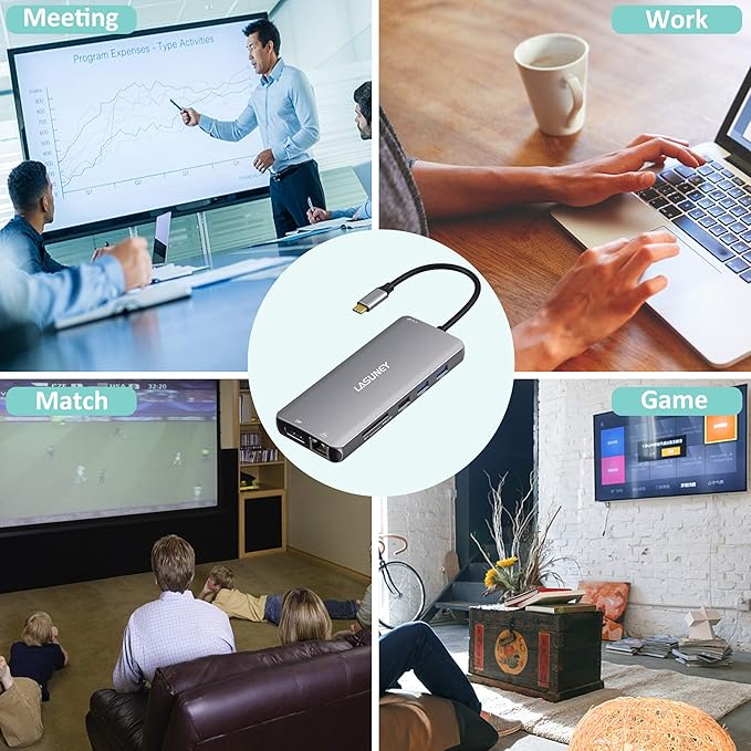 LASUNEY 12-in-1 Hub USB C Laptop Docking Station Dual Monitor, Multiport Adapter Dongle with 2 HDMI, DisplayPort, RJ45, SD/TF, USB C/A Ports, PD, Mic/Audio, Compatible for MacBook Dell HP Lenovo