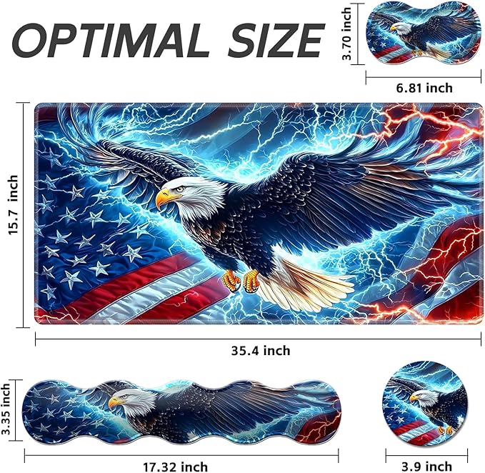 Gaming Mouse Pad Set, American Flag Eagle Large Desk Mat Mousepad, Keyboard Wrist Support, Mouse Wrist Rest, Coaster 4in1 Ergonomic Memory Foam, Non-Slip Stitched Edge for Home Office