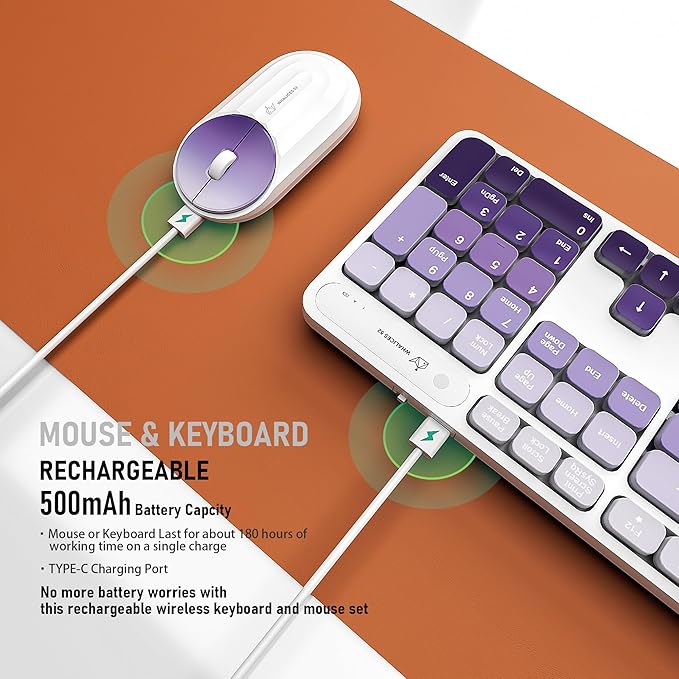 Wireless Keyboard and Mouse Combo - 2.4G Wireless, Rechargeable, Low-Noise, Cute Colorful, Full-Sized, 3 DPI Adjustable Mouse, for Computer, Laptop, PC, Desktop (Gradient Purple)