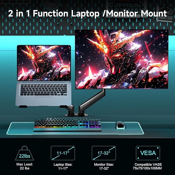Pholiten Monitor and Laptop Mount for Max 32” Screen and 17” Notebook, Dual Monitor Mount Holds up to 22lbs,Laptop Tray Stand with Gas Spring Arm