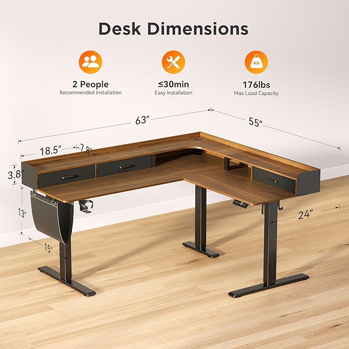 63 Inches Height Adjustable L Shaped Standing Desk with 3 Drawers and Monitor Shelf, Electric Sit to Stand Home Office Comupter Table, Ergonomic Corner Gaming Desk, Black Walnut
