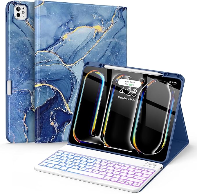Soke Keyboard Case for iPad Pro 13 Inch (M5 2025/M4 2024), 7-Color Backlit Detachable Bluetooth Keyboard, Folio Stand TPU Back Cover with Pencil Holder for iPad Pro 13", Ocean Marble