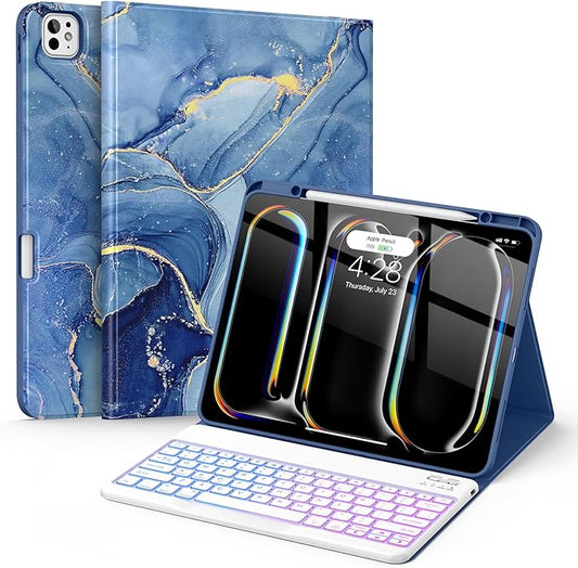 Soke Keyboard Case for iPad Pro 13 Inch (M5 2025/M4 2024), 7-Color Backlit Detachable Bluetooth Keyboard, Folio Stand TPU Back Cover with Pencil Holder for iPad Pro 13", Ocean Marble