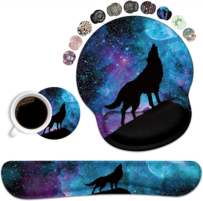 Keyboard Wrist Rest and Mouse Wrist Rest Pad Set with Coasters, Ergonomic Support, Non-Slip PU Base, Easy Typing and Relieve Wrist Pain, Perfect for Home Office Working Studying, Galaxy Nebula Wolf