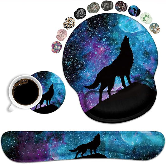 Keyboard Wrist Rest and Mouse Wrist Rest Pad Set with Coasters, Ergonomic Support, Non-Slip PU Base, Easy Typing and Relieve Wrist Pain, Perfect for Home Office Working Studying, Galaxy Nebula Wolf